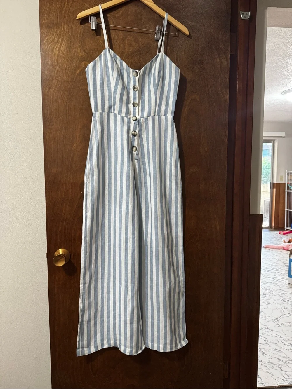Reformation Torta Blue & White Striped Button-Front Linen Jumpsuit 4 small